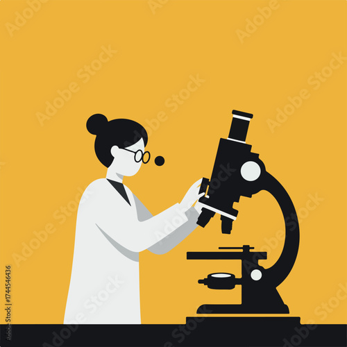 Illustration of a female scientist looking through a microscope.
