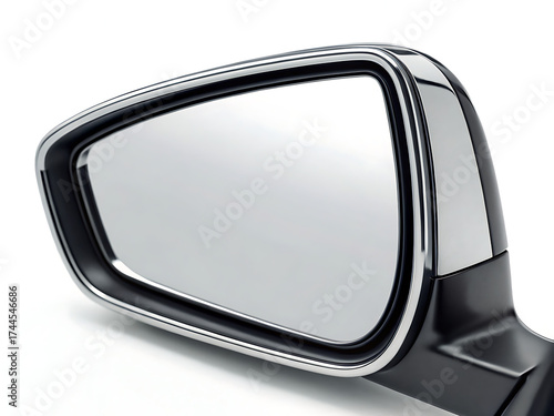 A close up shot of a car side mirror with chrome trim on a white background in a studio setting