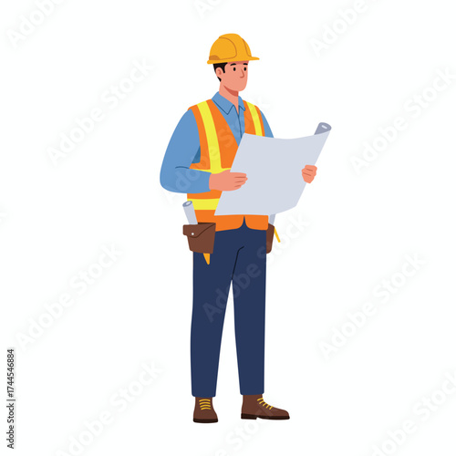 Male construction worker in safety gear reviewing architectural blueprints.
