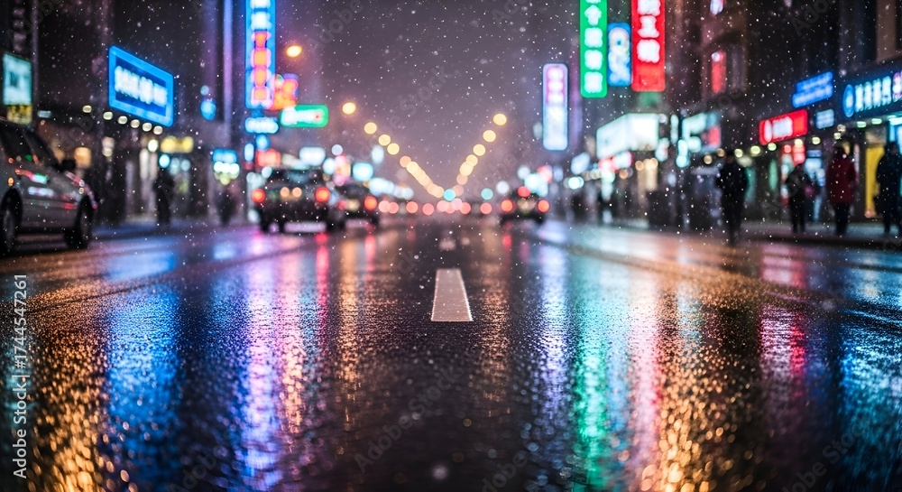 Naklejka premium Snowy Night Cityscape: Neon Reflections on Wet Asphalt Road