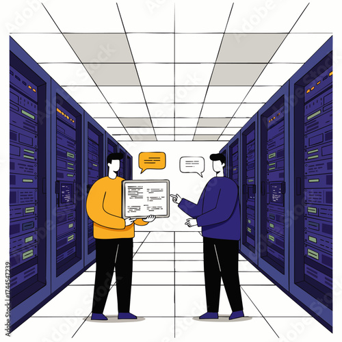 Two technicians collaborate in a server room, examining data on a tablet, symbolizing teamwork and data management within a modern data center.