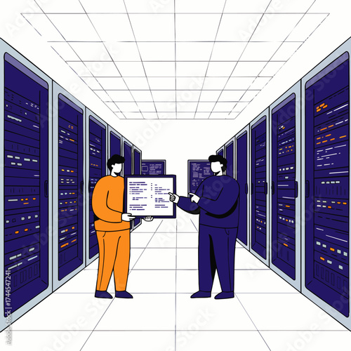Two IT specialists collaborate in a modern server room, analyzing data and ensuring optimal network performance with advanced technology.
