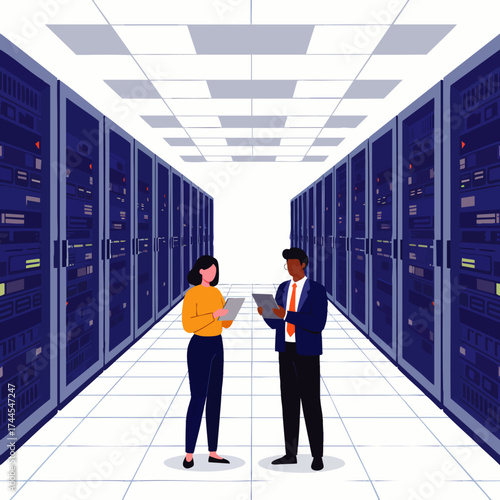 Two IT professionals analyze data server racks in a modern data center, showcasing technology and data management.