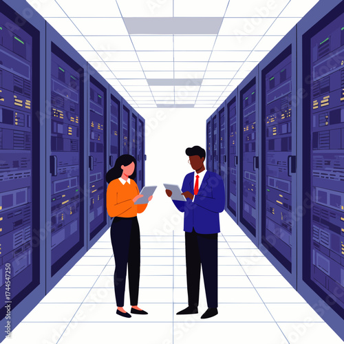 Two IT professionals review data center server racks, discussing network infrastructure and technology solutions within a modern data storage facility.