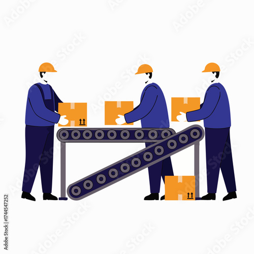 Illustration depicting factory workers managing boxes on a conveyor belt, symbolizing industrial processes and efficient production flow.