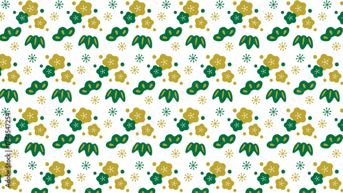松竹梅のシームレスパターン背景/緑・金	