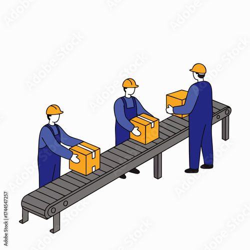 Illustration depicts workers on an assembly line, efficiently moving packages along a conveyor belt in a manufacturing or industrial setting.