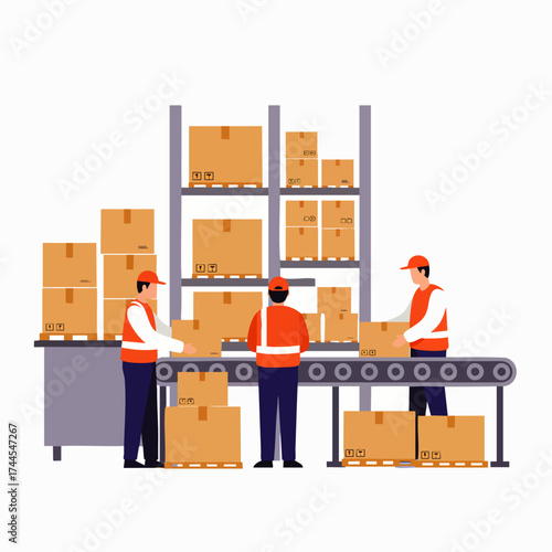 Warehouse workers efficiently manage the logistics of packaging and shipping, organizing boxes on shelves and conveyor belts.
