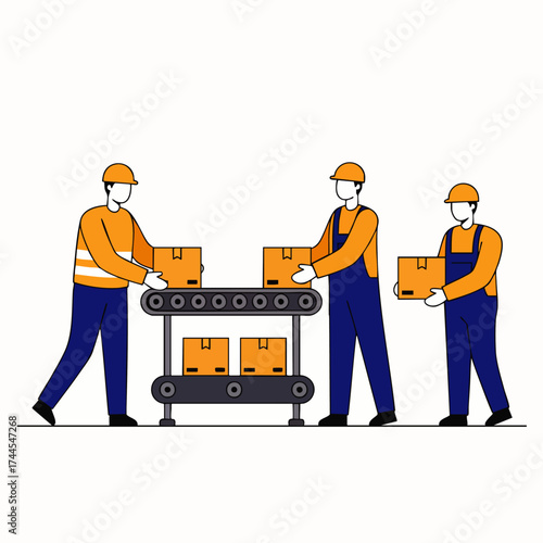 Illustration of warehouse workers managing boxes on a conveyor belt, streamlining logistics and distribution processes.