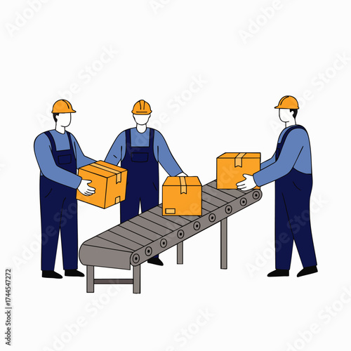 Illustration of workers in overalls and hard hats managing boxes on a conveyor belt within a factory setting for production.