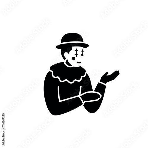 Minimalist Black and White Illustration of a Clown with a Hat and Ruffled Collar.