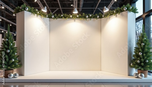 Empty exhibition space with Christmas decorations and lights  