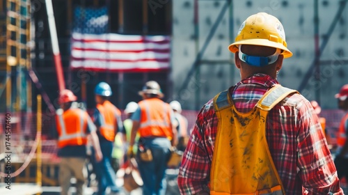 A group of construction workers wearing hard hats safety vests and other protective equipment are on a job site overseeing the progress of a building or infrastructure project