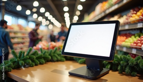 Point of sale terminal on table in grocery store with produce background  