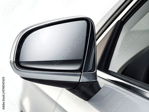A close up shot of a car side mirror showing the reflective surface and the car's exterior design details