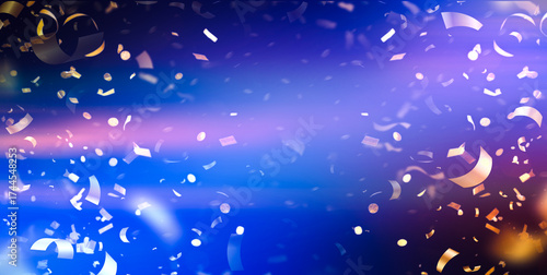 Confetti Celebration Blue and Gold Festive Scene . Image of small gold pieces floating on a blue and black background. Party and celebration concept. Falling realistic shiny golden 