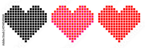 Colorful pixel hearts in 8-bit retro style. Vector illustration featuring black, pink, and red pixel art hearts isolated on white background. Minimal and geometric design icons and interface buttons