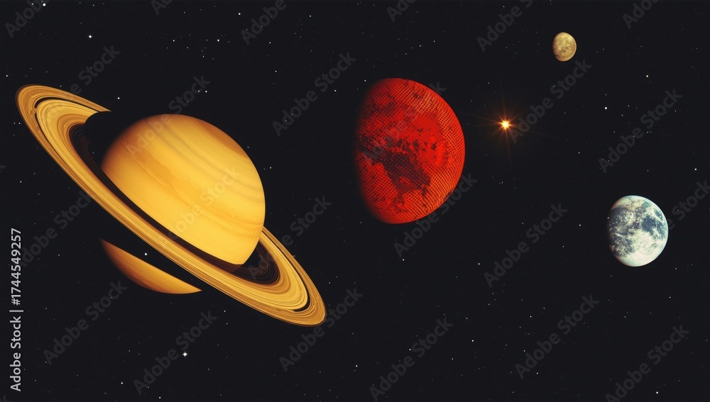 Fototapeta premium A Stunning Cosmic Panorama Featuring Saturn Its Rings Jupiter and Earth in the Vastness of Space Amongst Distant Stars