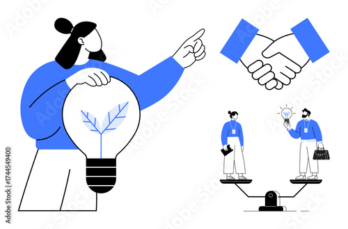 Person holding lightbulb with leaf design, handshake, and balanced scales with colleagues. Ideal for collaboration, sustainability, innovation, equality, teamwork, partnerships and decision-making