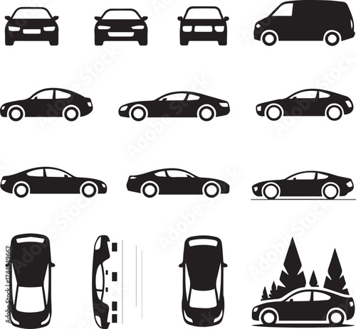 clean car silhouette pack front side and top views vector icons for automotive design and transport illustrations