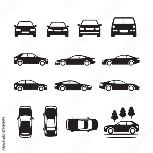 automotive silhouette collection van sedan coupe hatchback top view side view icon set for web and print