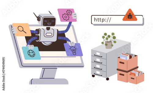 Robot on monitor juggling icons for search, web, ideas, and gears. File storage, bug alert, and plant nearby. Ideal for automation, AI productivity organization IT security innovation simple