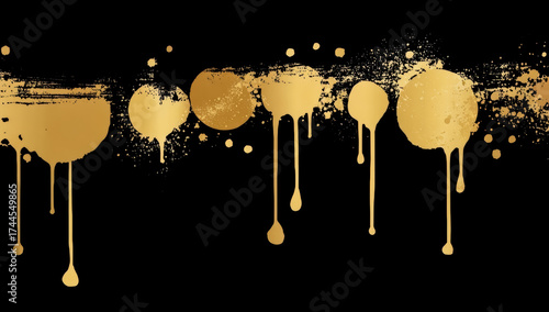 Series of gold circles with a black background. The circles are splattered with gold paint