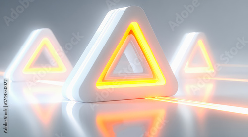 Three white triangles with orange accents are lit up. The triangles are arranged in a row. Scene is bright and energetic
