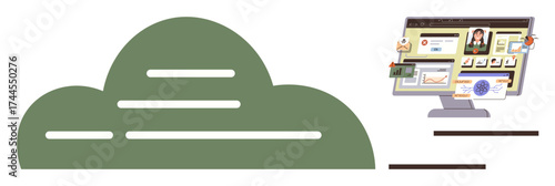 Green cloud shape next to a computer screen showing organized digital files, folders, and user interface elements. Ideal for cloud storage, data organization, digital workspace, secure access