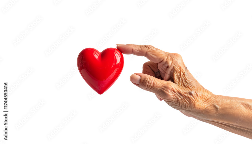 Obraz premium 高齢者の手が赤いハートにそっと触れる優しい瞬間