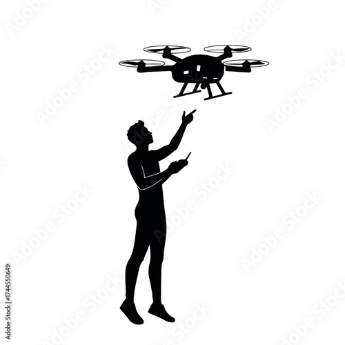 Silhouette of a man operating a quadcopter drone with a remote controller.