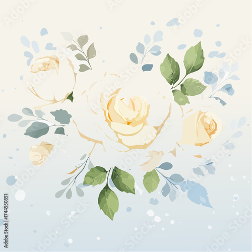 Eleganter Aquarell-Hintergrund mit weißen Rosen in sanften Creme- und Elfenbeintönen