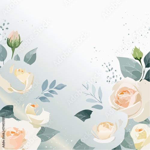 Eleganter Aquarell-Hintergrund mit weißen Rosen in sanften Creme- und Elfenbeintönen