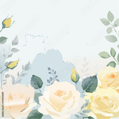 Eleganter Aquarell-Hintergrund mit weißen Rosen in sanften Creme- und Elfenbeintönen