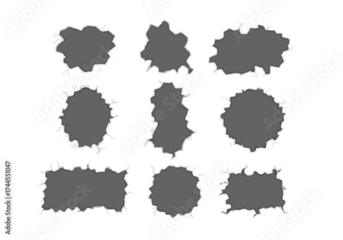 Crack and damaged concrete wall hole set background decoration illustration