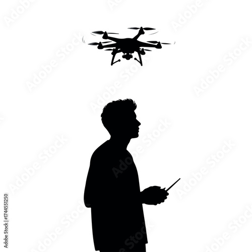 Silhouette of a person operating a flying drone with a remote control.