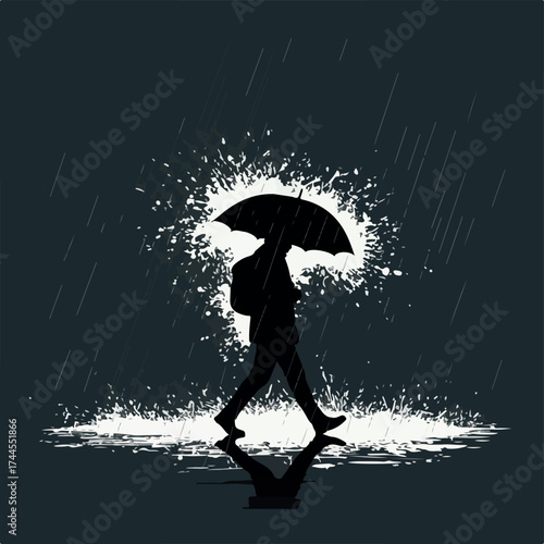 Silhouette of a person with an umbrella walking in the rain 1.