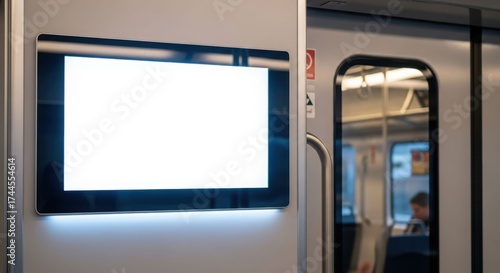 A blank digital screen is mounted inside a train car, next to an open doorway, ready for content.