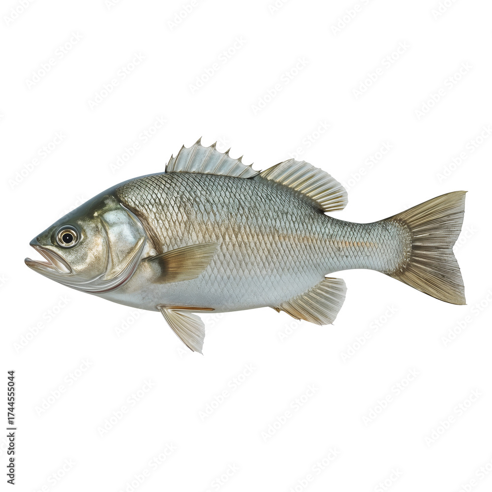Fototapeta premium Isolated Fish Portrait: A Detailed Silver Bass Against a Stark Black Backdrop