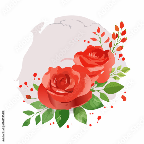 Leuchtender Aquarell-Hintergrund mit roten Rosen in voller Blüte.