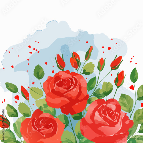 Leuchtender Aquarell-Hintergrund mit roten Rosen in voller Blüte.