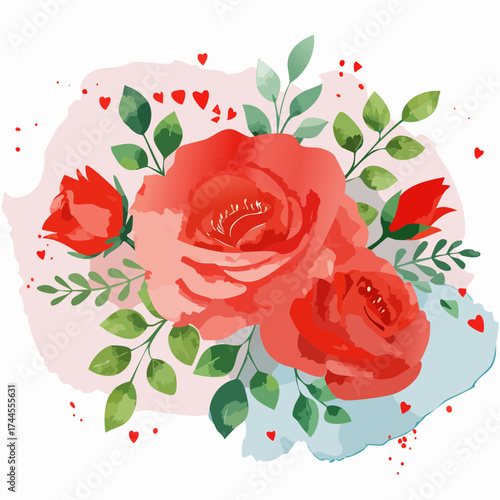 Leuchtender Aquarell-Hintergrund mit roten Rosen in voller Blüte.