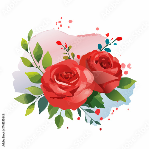 Leuchtender Aquarell-Hintergrund mit roten Rosen in voller Blüte.