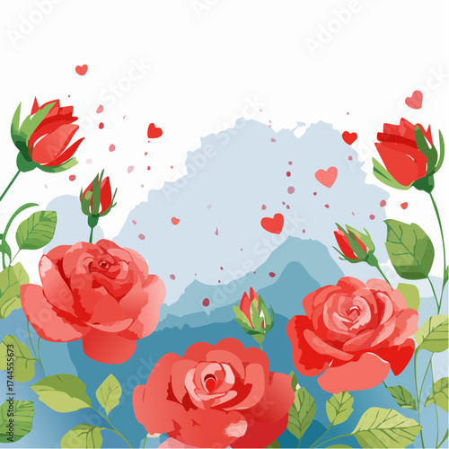 Leuchtender Aquarell-Hintergrund mit roten Rosen in voller Blüte.