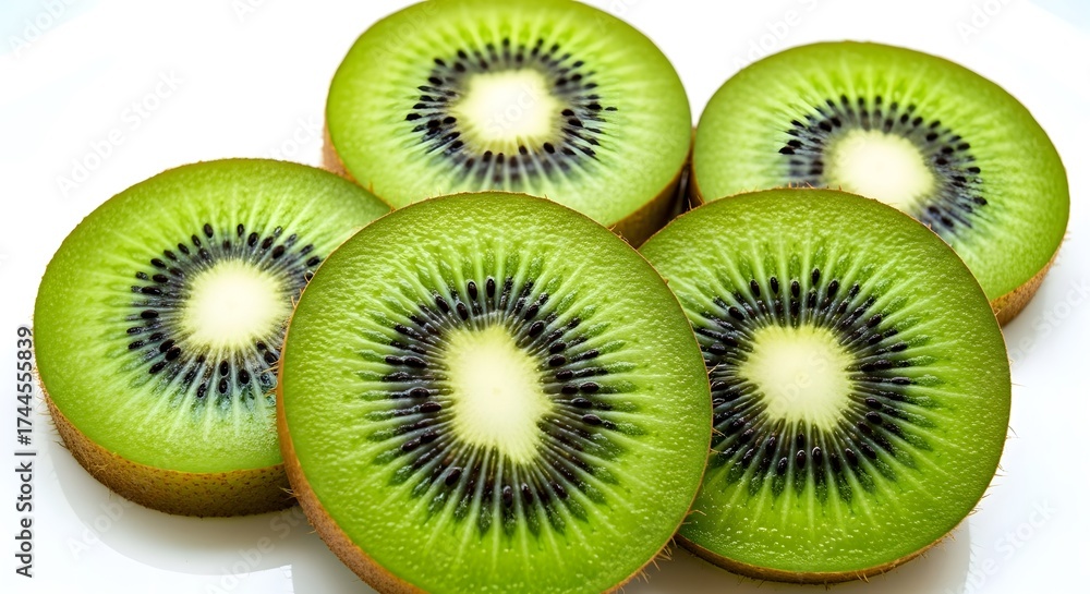Fototapeta premium Fresh Kiwi Slices Close-up on a White Background