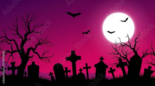 Spooky halloween graveyard scene with full moon and bats