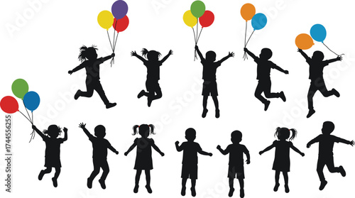 Happy children silhouettes jumping and playing with colorful balloons, joyful kids celebration illustration, childhood fun, freedom, happiness, party vector design