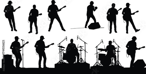 Rock band silhouettes performing on stage with guitars and drums, live concert illustration, musician vector design, music festival background