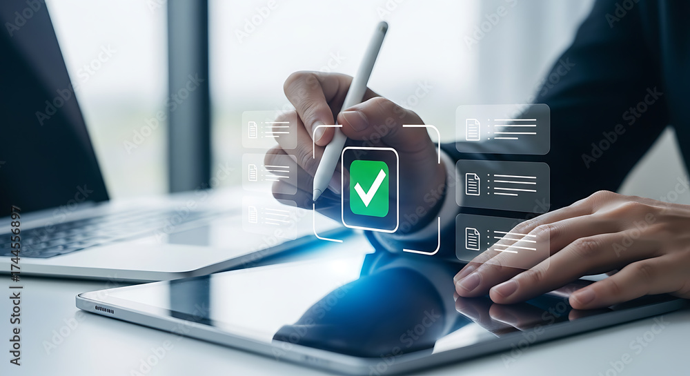 Obraz premium Person using a stylus on a tablet with a green checkmark to approve documents online, next to a laptop computer.