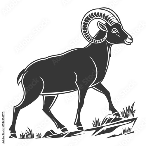 Stylized silhouette of a bighorn sheep walking on rocky terrain